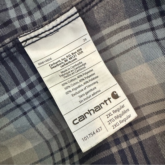Carhartt Men’s Relaxed Fit Blue Gray Long Sleeve Plaid Button Down Shirt 2XL XXL - Picture 8 of 8